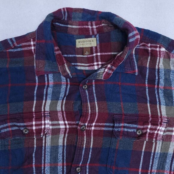 Sonoma Tartan Flannel Casual Button Up Shirt Mens Size Extra Large XL Red Blue - Picture 1 of 10